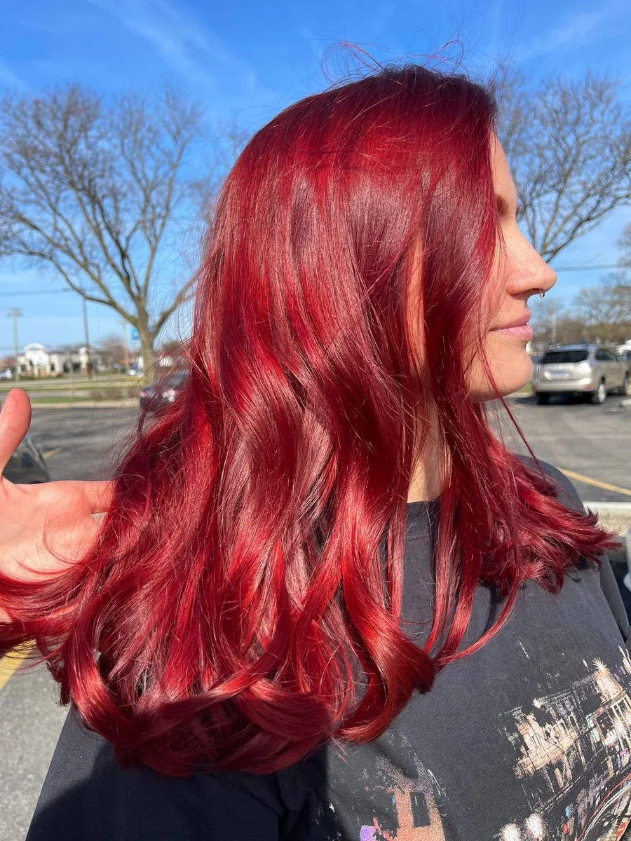 Vivid ruby red long layers by Liza G.